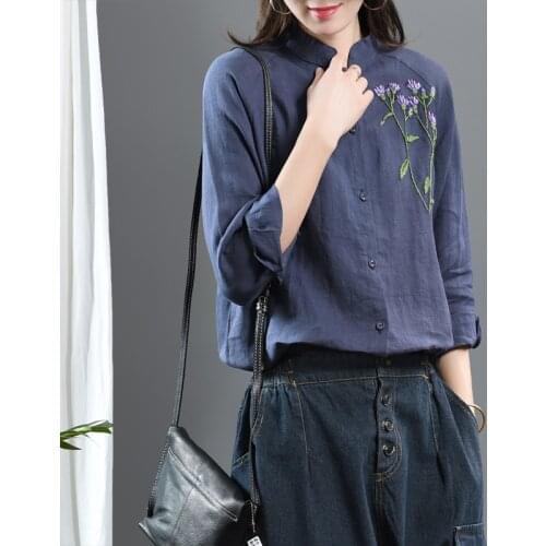 Johnature Women Embroidery Floral Vintage Shirts Stand Long Sleeve Solid Color 2021 Spring New Ramie Button Women Casual Shirts