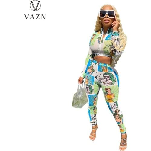 VAZN 2021 New Design Street Style Sexy High Neck Bandage 2 Piece Set Colorful Print Bandage Women Top And Pant Summer