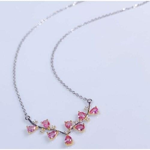 Luxurious symmetric branch Natural pink sapphire necklace S925 silver natural gemstone necklace woman wedding gift party jewelry