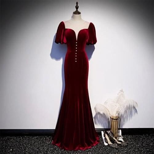 Evening Dress O-Neck Short Sleeves Elegant Zipper Back Empire A-Line Burgundy Pleat Floor-Length Party Formal Dresses Woman B978