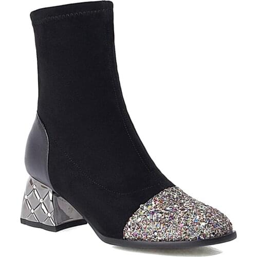 Gree Sequined Cloth Stitching Flock Ankle Boots Fashion All-Match Comfortable Boots Stone Grain Metal Heel Square Toe Shoes