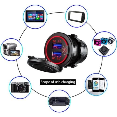 3A Dual USB Fast Charger with Touch Switch Socket Power Outlet Adapter QC 3.0 Waterproof for Marine RV Boat Motorcycle Truck
