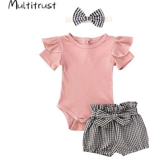 Multitrust 2020 Baby Summer Cotton Clothes Toddlers Baby Girls Short Sleeve Rib-knitted Bodysuit Top+Plaid Shorts+Headband 0-24M