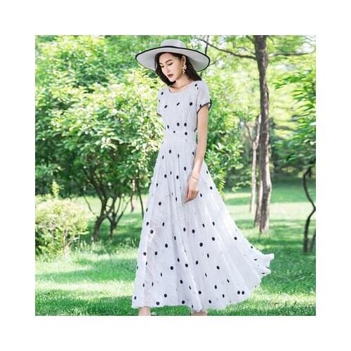 Elegant Women Dress Wave Point Short Sleeve O-neck Long A-line Chiffon Vestido Sukienki Ropa Mujer Robe Femme 3558