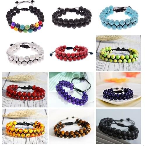 Fashion Black Lava Stone Beads Bracelet Men Homme Ethnic Yoga Double Layer Turquoises Strand Bracelets