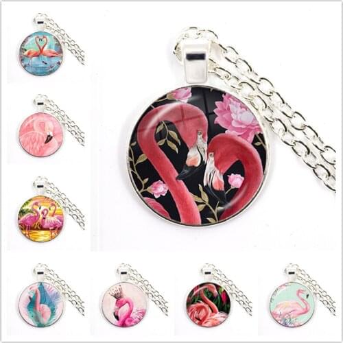 Lovely Cartoon Animals Flamingo Round Glass Cabochon Photo Pendant Necklace Women Girls Jewelry Party Birthday Gift