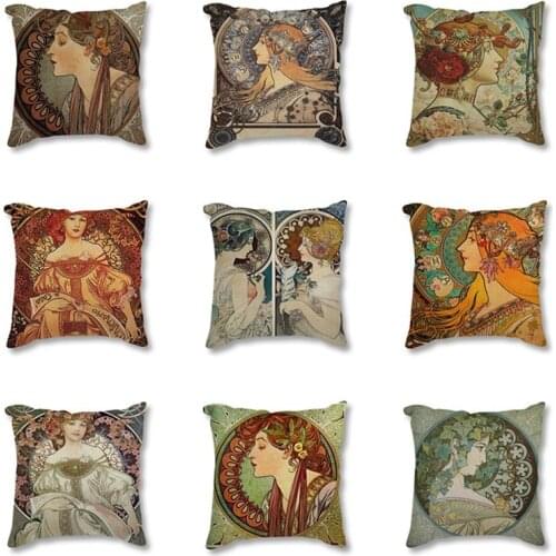Vintage European Art Nouveau Mucha Gallery Decorative Cushion Sofa Pillowcase Beautiful Girl Cotton Linen Cushion Cover 45x45 cm