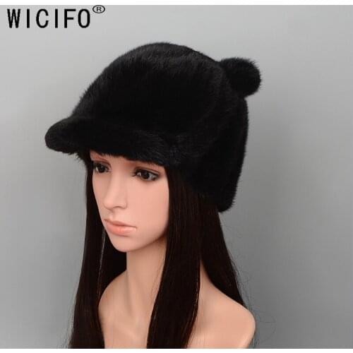 Wucifo 2019 New Women mink fur Winter Caps Fashion Woman Baseball Cap high grade Cat Ear Baseball Caps Casual Band Visor Caps