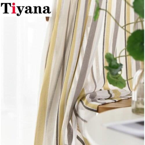 Yellow Linen Stripe Window Screens Sheer Curtains For Living Room Grey Tulle Modern Voile for Bedroom Balcony Yarn Decor JK153Z