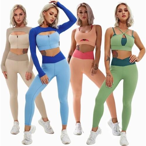 Women Seamless Sportswear Two Piece Yoga Set Long Sleeve Shirts Butt Running Sports Bra Leggings Gym Clothing Fitness Tracksuits
