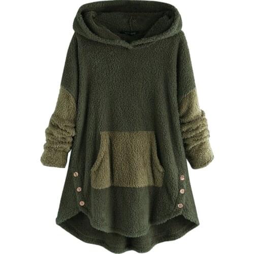 Women Fleece Patchwork Hooded Sweatshirts Winter Plush Button Hem Loose Long Sleeve Hoodie Oversized Pocket Round Neck Pullover