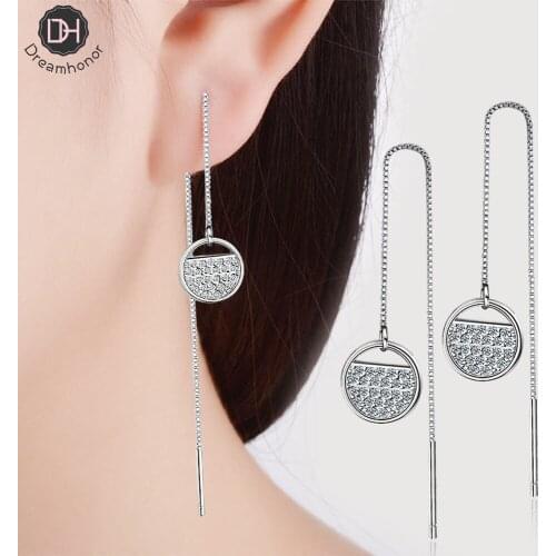 Dreamhonor Korean Temperament Ear Line Earrings Fashion Female 925 Sterling Silver Round Zirconia Earrings Jewelry