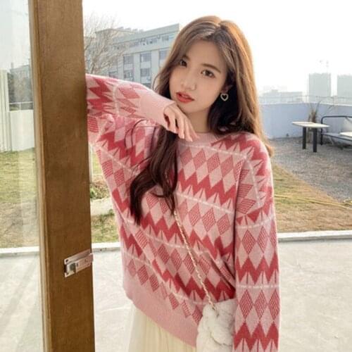 Vintage Sweater Women Spring Autumn Loose Korean Jumper Female Geometry Diamond Long Sleeve Pink Knitting Pullover Womens