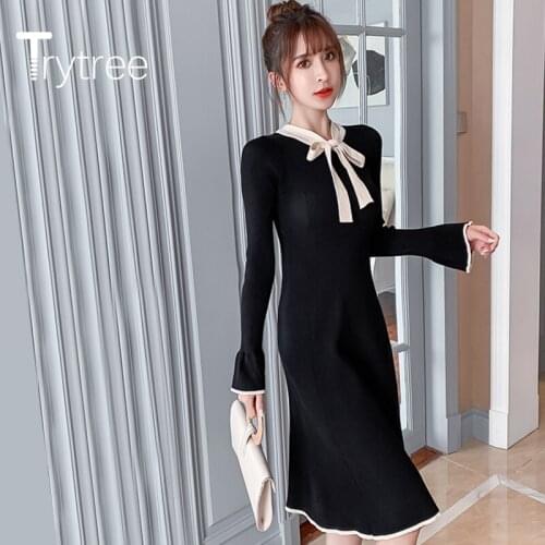 Trytree 2020 Spring Winter Woman Casual Dress Bow Flare Sleeve Fashion A-line High Waist Elegant knitting Office Lady Dress