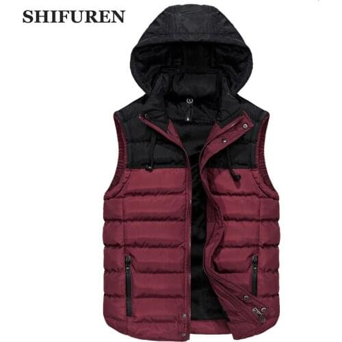 SHIFUREN Winter Men Hooded Vest Thicken Warm Sleeveless Jackets Plus Size L-XXXL Male Causal Waistcoat Outerwear Hat Detachable