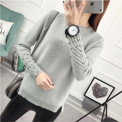 Zoulv 2021 Casual Elegant Split Ladies Pullover Sweater Spring Women Character Beading Long Sleeve Pure Color Knitting Sweater