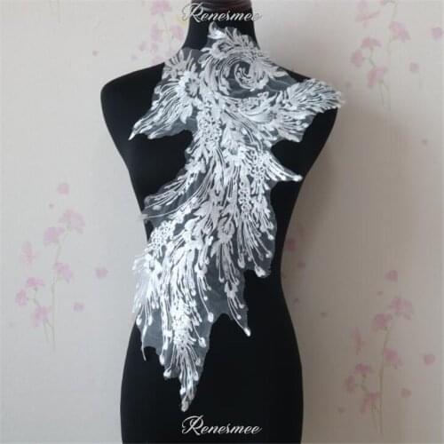 1Pc Ivory Clear Sequins Embroidery Feather Lace Flower Patch Wedding Evening Dress Veil Headdress Decorative Material 58X25.6cm