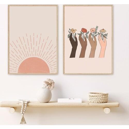 African American Woman Art Mid Century Print Neutral Colors Poster Canvas Painting Flower Hands Line Wall Pictures Living Room