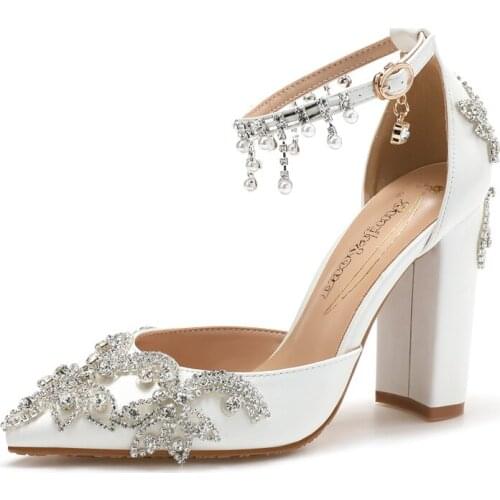 Pointed Toe Womens Bridals Wedding Shoes Fashion Summer Sandals Crystal Party Dress Shoes Woman High Pumps Thick Heel Female