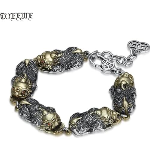 Handmade Real 925 Silver Pixiu Bracelet Vintage Sterling Good Luck Man Bracelet Fengshui Wealth Pixiu Beaded Bracelet