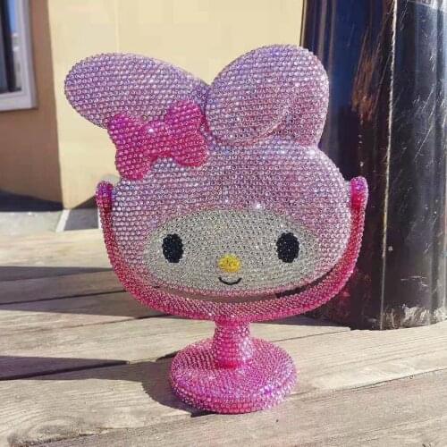 Handmade Rhinestone Decorative Mirrors Kawaii Makeup Dressing Mirror Portable Bling Rabbit Vanity Decor Room Round Mirror Cute