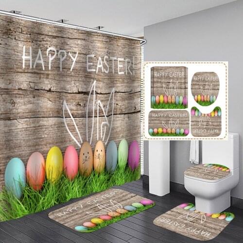 Wood Happy Easter Shower Curtain Grassland Eggs Non-Slip Rugs Toilet Lid Cover and Bath Mat Waterproof Bathroom Curtains