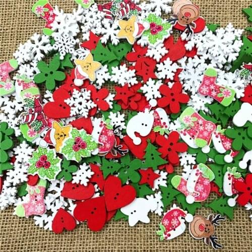 300PCS Wood Button Natural Print Christmas Snowflake Tree Heart Leaves Sewing Buttons Scrapbook DIY Craft Wooden Bottons