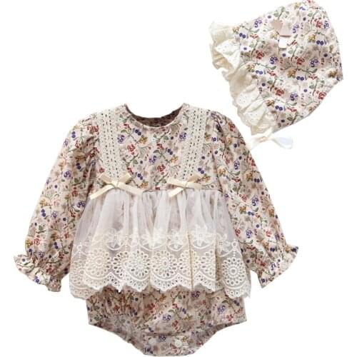 Newborn Clothes Set Cotton Lace Baby Bodysuit Princess Long Sleeve Flowers Girls Jumpsuits+ Hat 0-24M