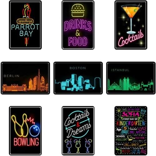 Fluorescent Bar Tin Sign Club Pub Decorative Plaque Colorful Cocktail Beer Bowling Metal Iron Plate Wall Decor Iron Paintin
