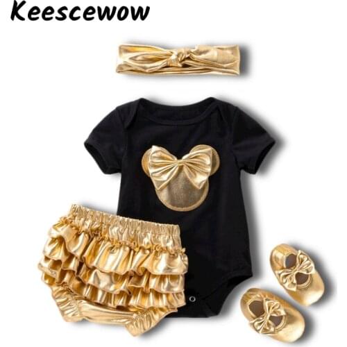 Keescewow New baby clothes baby dress golden PP Pants Set Baby Jumpsuit 4-piece childrens suit