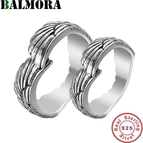 BALMORA 100% 925 Sterling Silver Angel Wings Ring For Lovers Open Adjustable Couple Ring Stackable Statement Ring Jewelry Gift