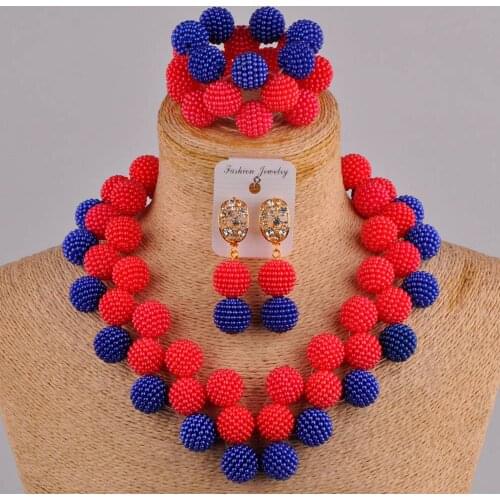 Royal blue and red simulated pearl beads jewelry set nigerian wedding costume necklace african set FZZ110