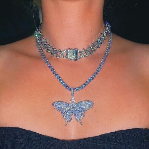 2020 iced out sparking bling cz choker women girl jewelry 5mm cz tennis chain hip hop cool pink cz butterfly pendant necklace