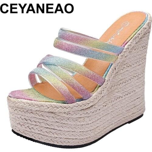 CEYANEAO2021 Summer New Platform Wedge Sandals For Womens With Fish Mouth Hemp Rope Weaving High Heels