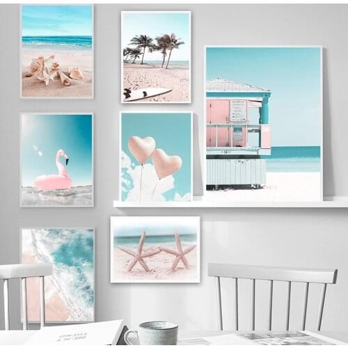 Summer Beach Art Prints Flamingo Seascape Canvas Painting Nordic Home Decoration Frameless Wall Decor Pictures for Interior