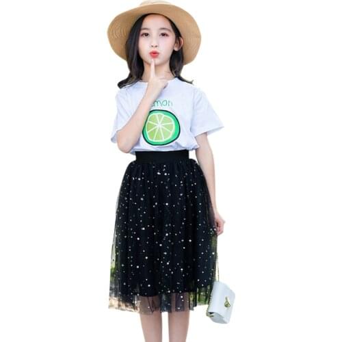 Summer Clothes For Girls Tshirt + Mesh Dress Clothes Mesh Outfit For Girls Sequin Childrens Clothtes