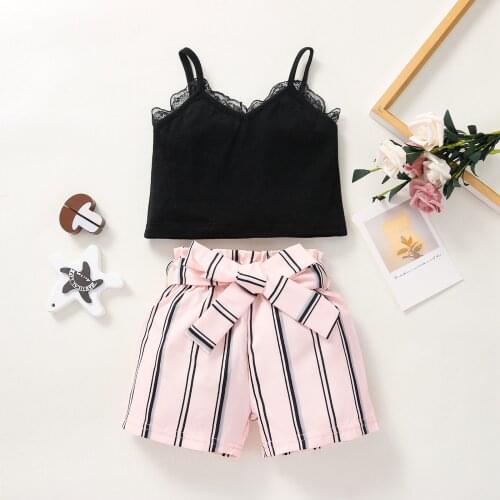 Fashion Baby Girls Sweet Clothes Set Solid Color Sleeveless Lace V-neck Cropped Tops+Striped Short Pants With Bow Toddler Suit