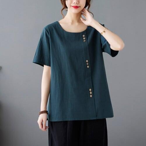 2021 New Arrival O-neck Short Sleeve Summer T Shirt Loose Tops Cotton Linen Button Vintage Tshirt All-match Women Casual T Shirt