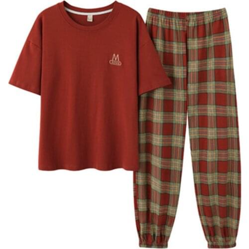 Plaid Pajamas Set Women Sweet Princess Cotton Casual Pyjamas Sexy Short Sleeve Shirt Pant 2Piece/Set Home Mom Fashion Sleepwear