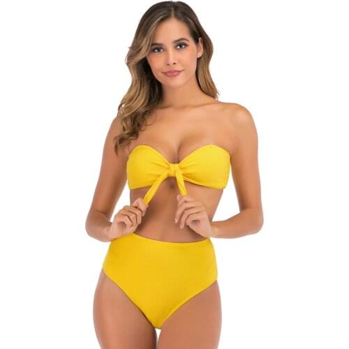 Sexy Women Solid Ribbed Knitted High Waist Bandage Bikini Two-Piece Swimsuit Swimwear Beachwear 2021