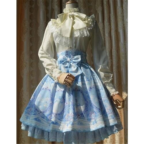 Lolita Skirt Dress Printed Alice Chiffon Layered Bows Swing Skirts