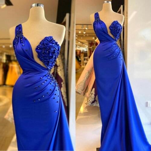 Gorgeous Royal Blue Prom Dresses 2021 African One Shoulder Crystal Beading Evening Dress Formal Winter Party robes de mariée Gow