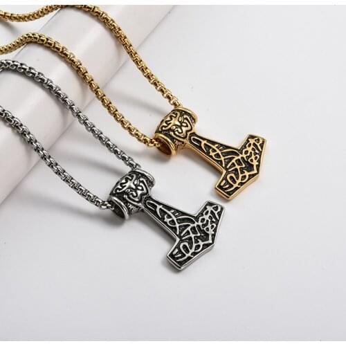 Vintage Viking Thors Hammer Pendant Necklace Men Punk Street Stainless Steel Nordic Odin Knot Necklace Chain Viking Jewelry