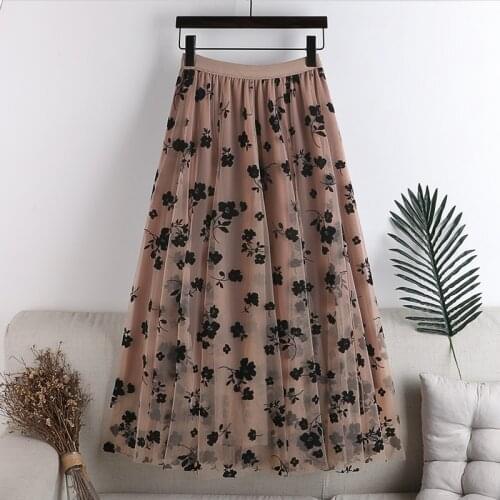 W582 New Spring Summer Women Double-Layer Mesh Elastic Waist Mid-Length Skirt Female Elegant A-Line Skirts