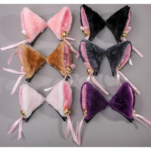 1Pairs Lolita White Black Cat Ears with Bell Hair Clip Cosplay Party Fox Long Fur Costume Hair Clip Halloween Hair Accessory