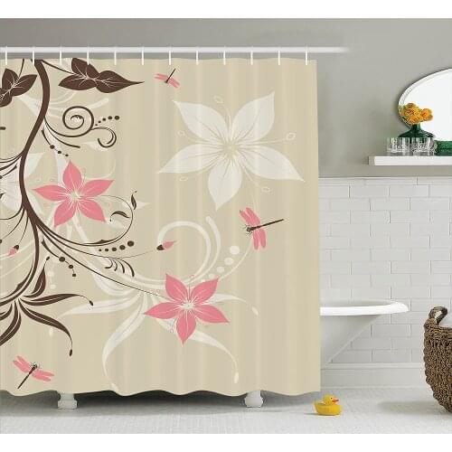 Country Shower Curtain Floral with Dragonflies and Spiral Fashioned Foliage Bud Elements Artsy Print Waterproof Bath Curtains