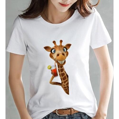 Womens T-shirt Kawaii Giraffe Print White Summer Shirt Fashion Harajuku Graphic Cute T-shirt Female Top Clothes
