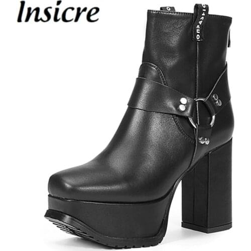 Insicre Cow Leather Platform Zipper Women Ankle Boots Rivet 2021 Fashion Winter Shoes Square Toe Big Size 43 Thick High Heels