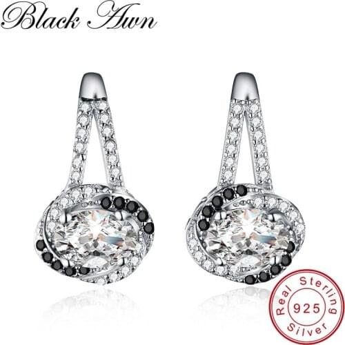[BLACK AWN] Genuine 925 Sterling Silver Earrings Black Spinel Stone Wedding Stud Earrings for Women Silver 925 Jewelry T110
