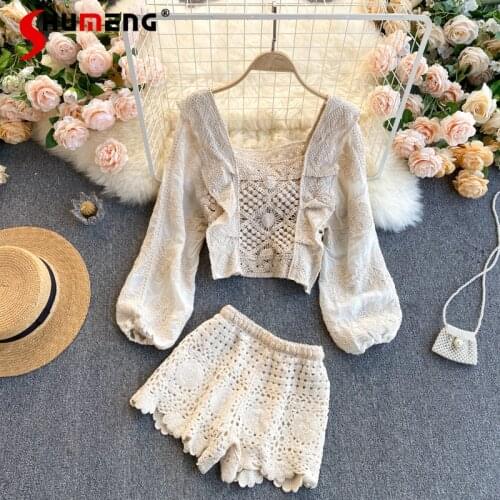 2021 Spring New Hollow-out Square Collar Puff Sleeve Short Top High Waist Wide Leg Shorts Sweet Summer Shorts Sets